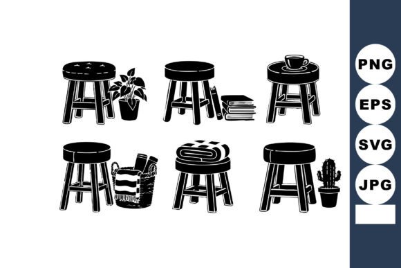 Rustic Wooden Stools with Decorative Plants: A Timeless Vector Aesthetic